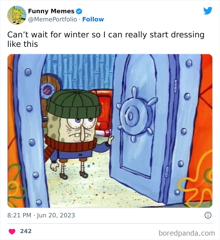 Spongebob in warm clothes entering from the house meme