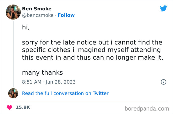 Oh Dear. I Seem To Have Misplaced My Invisibility Cloak And Will No Longer Be Able To Make It To Your Brunch. Best Wishes @bencsmoke