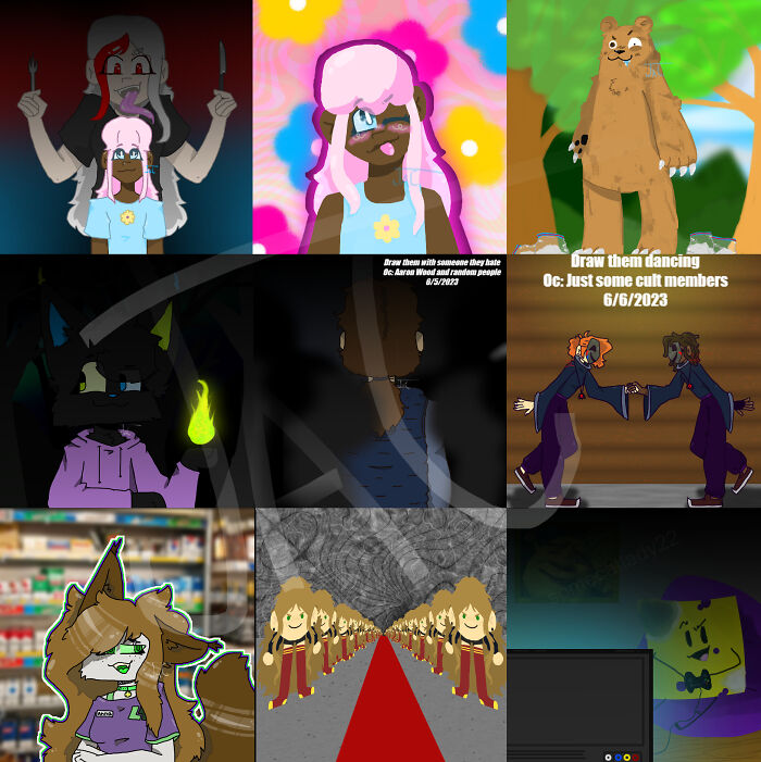 Some Things I Made! From Top Left To Bottom Right: My Oc About 2 Eat My Friends Oc, My Friends Oc, A Bear On Cr**k That I Drew For My Brother, Fanart, Art Challanges, My Sona For The Game Broken Colors, A Doodle, And A Groupchat Inside Joke :)