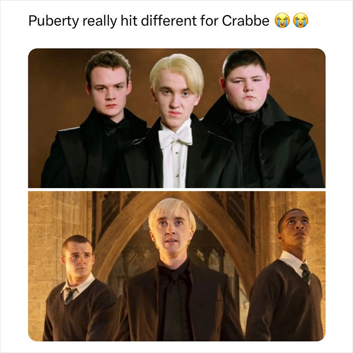 Three young men in formal attire and a trio in school uniforms from a humorous meme.