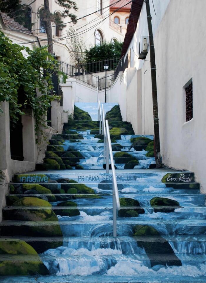 Painted Outdoor Staircase In Bucharest, Romania, Made To Look Like A Waterfall, With Mossy Rocks Included