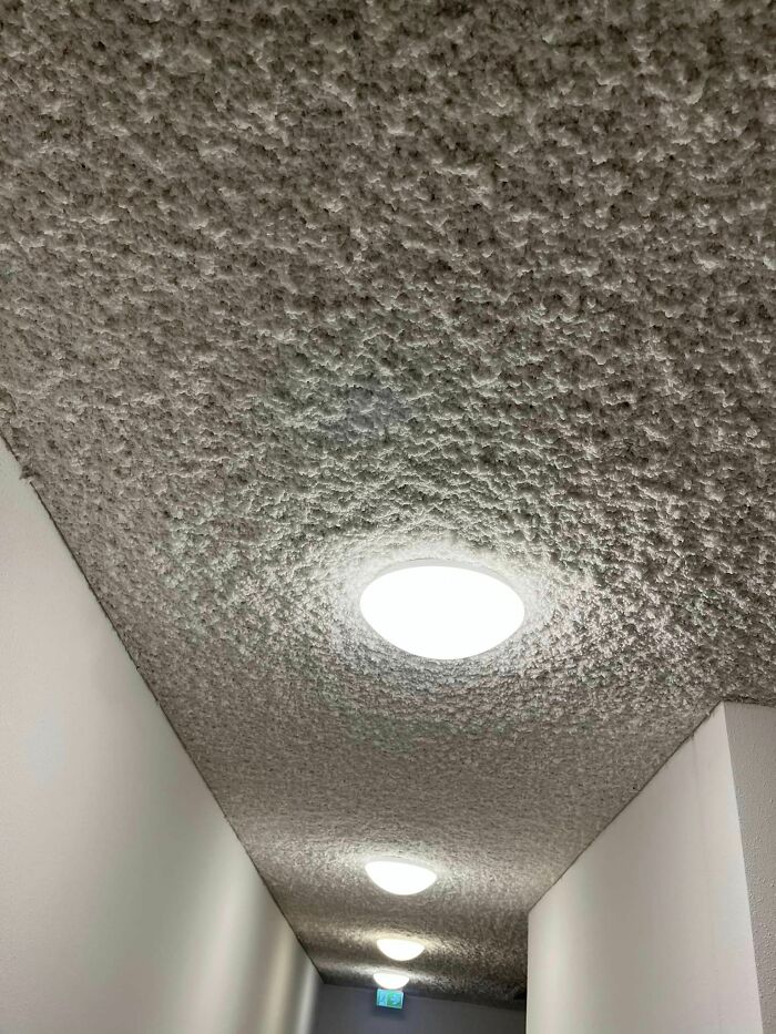 This Is The Ceiling In The Public Hallway Of My New Apartment Building, I Wonder How Long It Will Take Before Its Full Of Bugs... According To The Contractor, It Must Represent A Cloud Field... And Yes, It’s Already Falling Apart