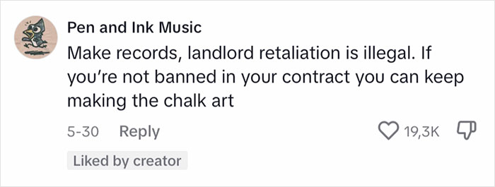 Landlord's Wife Enraged By Tenant's Chalk Artistry Asks Her To Wash It Off, Tenant Stands Her Ground Landlord's Wife Enraged By Tenant's Chalk Artistry Asks Her To Wash It Off, Tenant Stands Her Ground