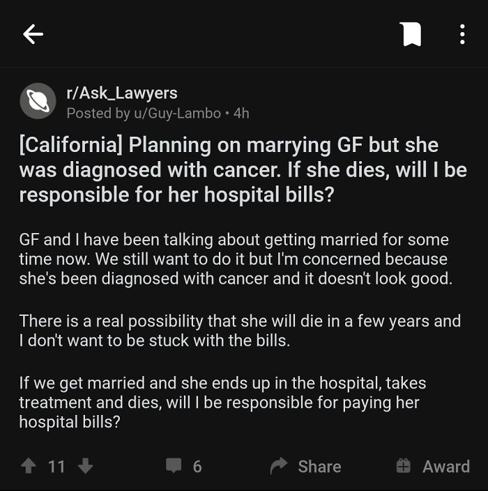 Holding Off Marriage With A Terminally Ill Fiance Due To Fear Of Medical Debt :(