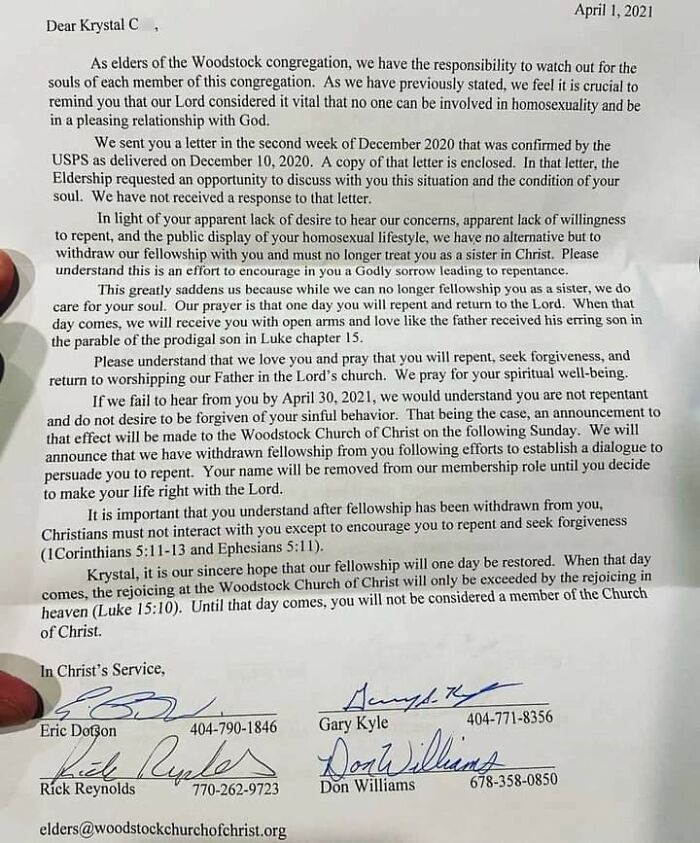 Angry Anti-Gay Church Hate Mail Asking A Member To Repent And Convert. Signed Off On By The Church Elders For An Extra F*ck You