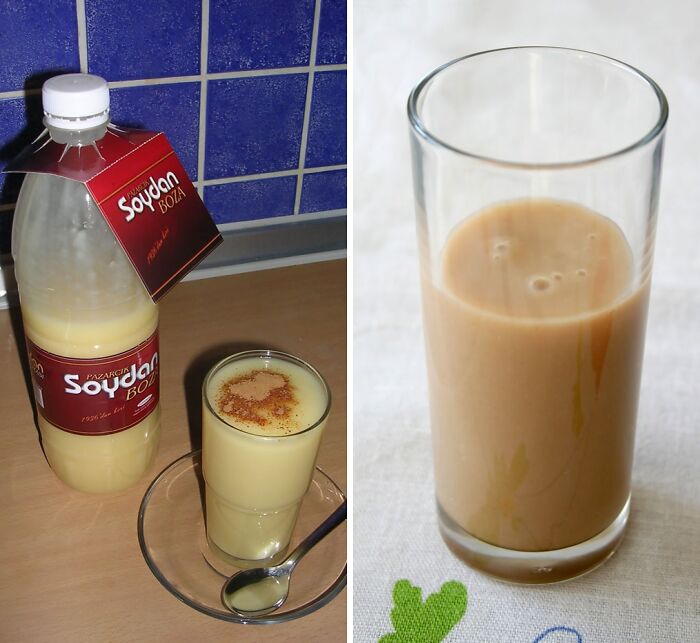 bottle with boza and glass nearby