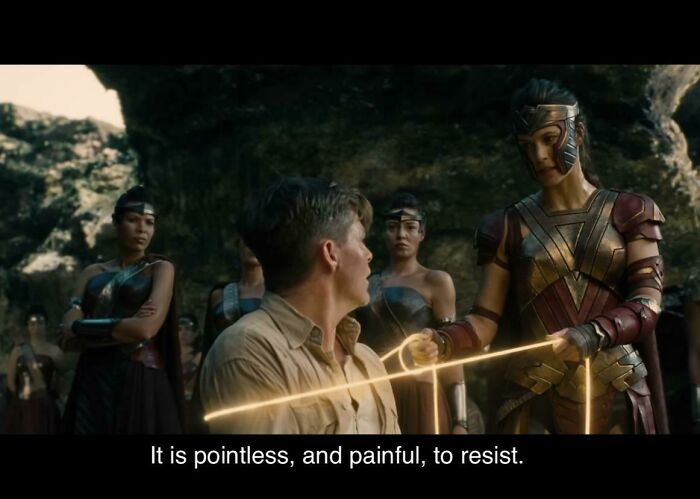 In Wonder Woman (2017), An Amazon Mentions That It Is Painful To Resist The Lasso Of Truth. This Is A Reference To The Fact That Wonder Woman Is A War Criminal That Tortures Her Captives