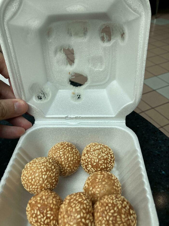 These Fresh Sesame Balls Were So Hot They Started Melting Dents/Holes In Their Styrofoam Container