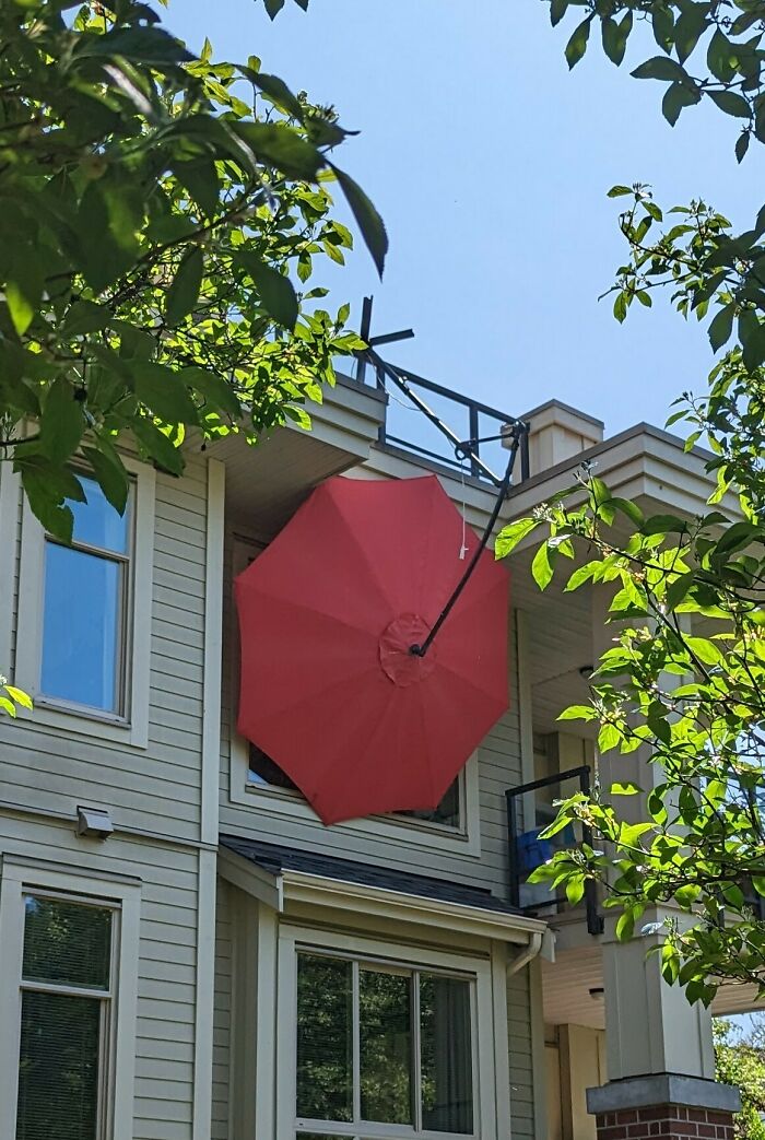 Neighbor Hangs Umbrella Off The Side Of The Building To Block The Sun