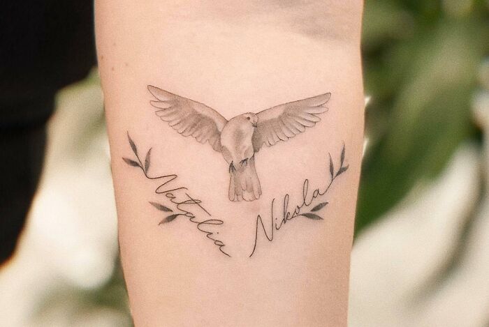 Bird And Names Tattoo