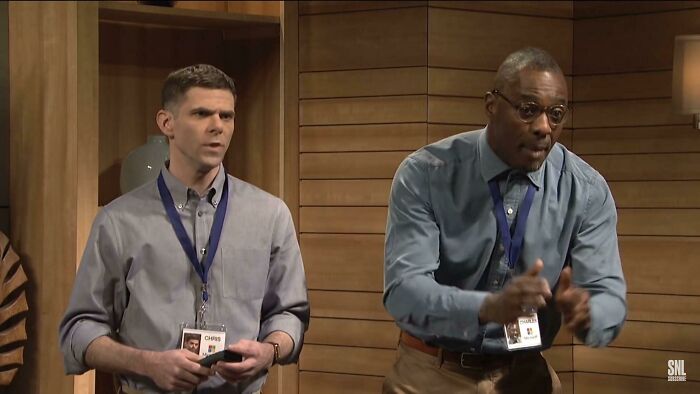 In Snl, Idris Elba Hosted And In This Office Setting, His Name Tag Reads Charles. The Last Time Elba Was On A Nbc Show, The Office, Where He Had The Same Name