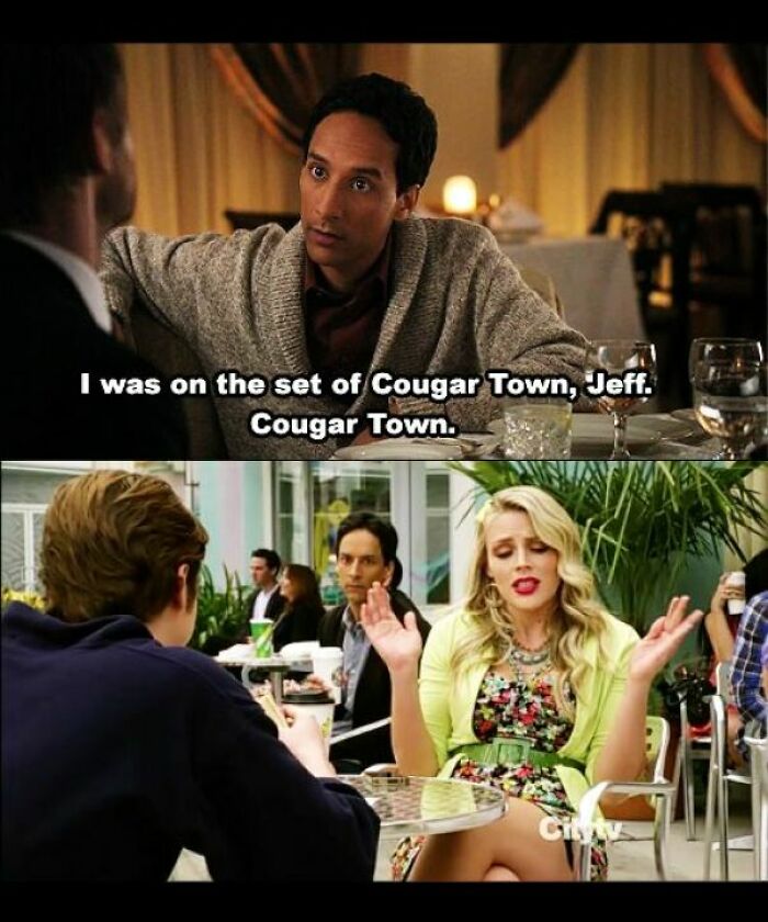 In Community [s2e19] Abed Mentions Being An Extra On Cougar Town. Actor Danny Pudi Actually Does Appear As An Extra On Cougar Town [s2e21]