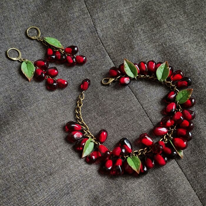 Jewelry With Pomegranate Seeds Made By Me From Polymer Clay And Epoxy Resin :)
