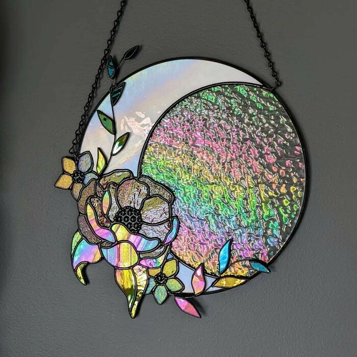 I Made An Iridescent Stained Glass Floral Moon Panel