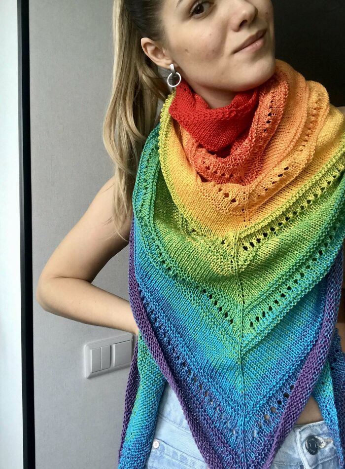 The Rainbow Shawl I Made With A 1 Skein Of Yarn. Size 75x39 Inches After Blocking