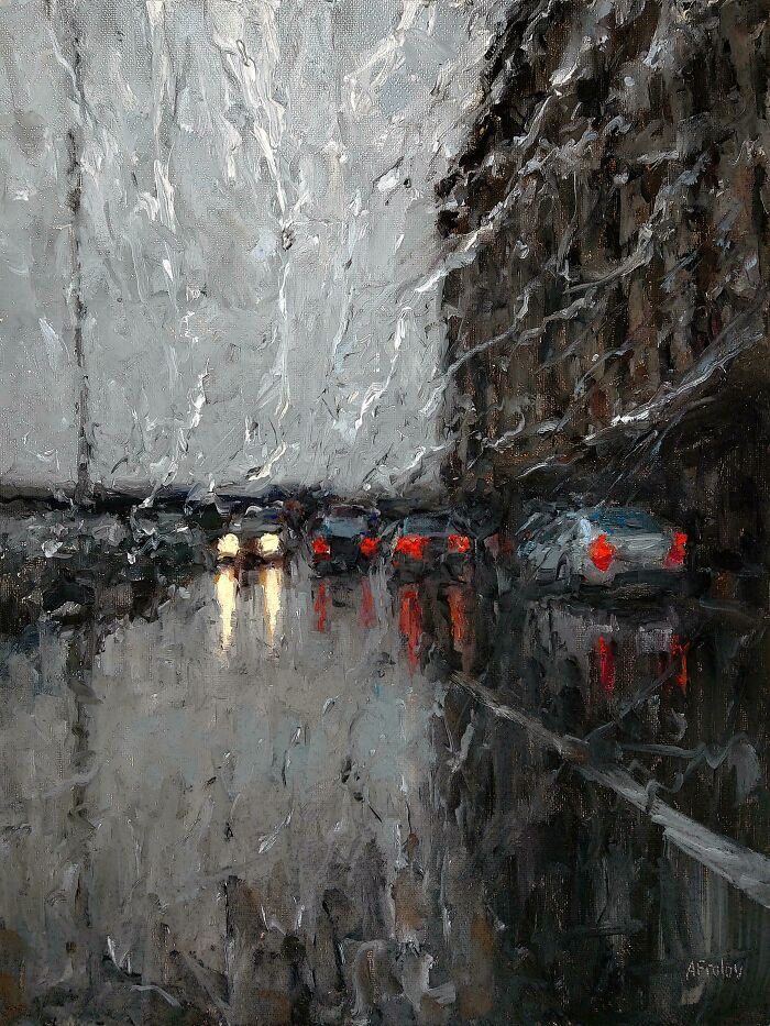 Carretera lluviosa, mi pintura al óleo sobre lienzo 12"x16"