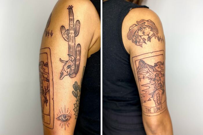Cosmic Cowboy Arm Patchwork Tattoos