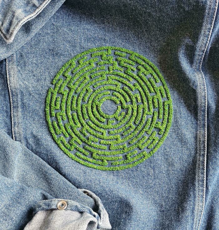 My Fingers Are Still Intact But Barely :) French Knot Labyrinth Pattern By Nomadembroideryco On The Back Of A Denim Jacket! Already Thinking About What To Add To It Next