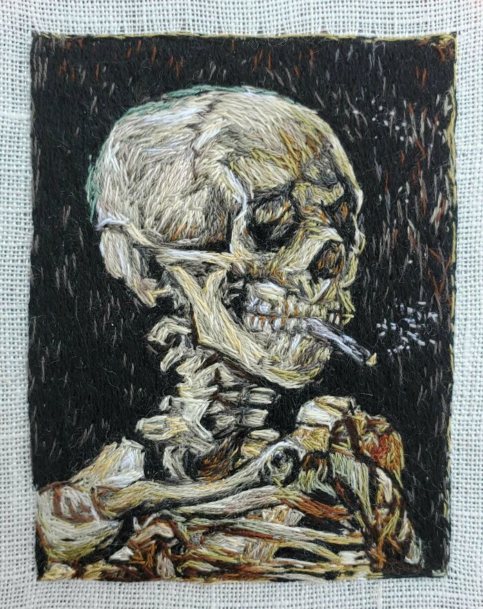 Skull Of A Skeleton With Burning Cigarette By Vincent Van Gogh Embroidery