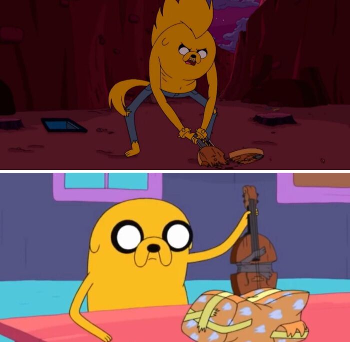 In The Adventure Time Episode “What Was Missing?” (S03e10), Jake Breaks His Violin In Half So For The Rest Of The Series His Violin Is Duct Taped Together