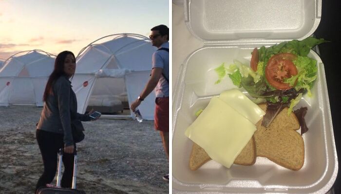 Two images from Fyre Festival, 2017, one - a couple near geodome tents at the beach, and another - a sandwich with salad in a plastic box