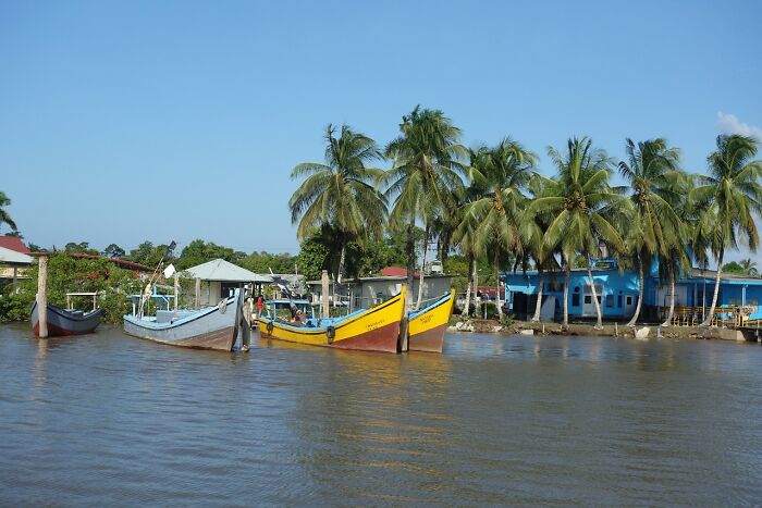 River and boats in it in Suriname, South America