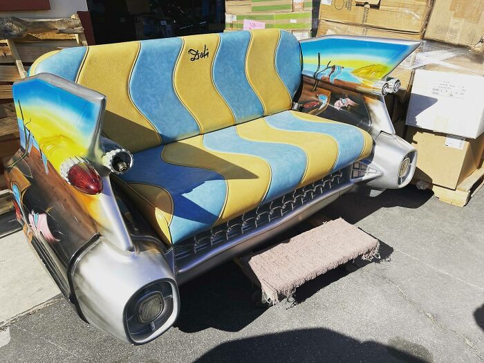 Blue and yellow surreal Dali couch 