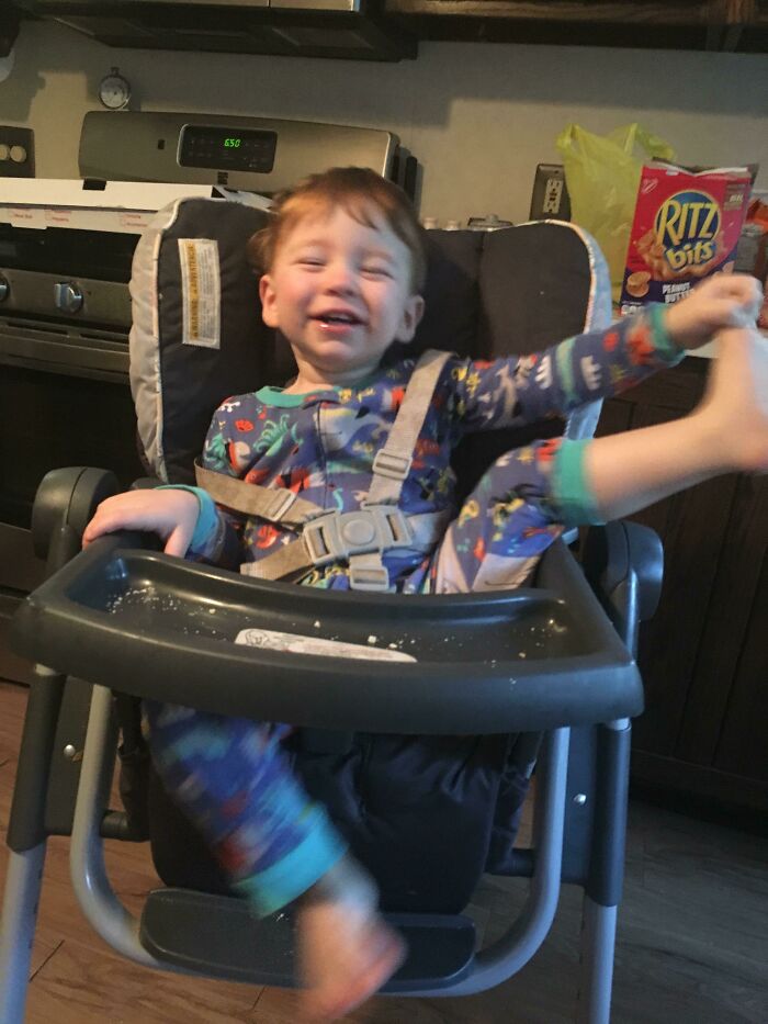 Ladies And Gents, My Baby Brother Who Has Decided He’s The Funniest Dang Thing To Grace This Planet Because He Can Stick His Leg Up Out Of His High Chair. Enjoy