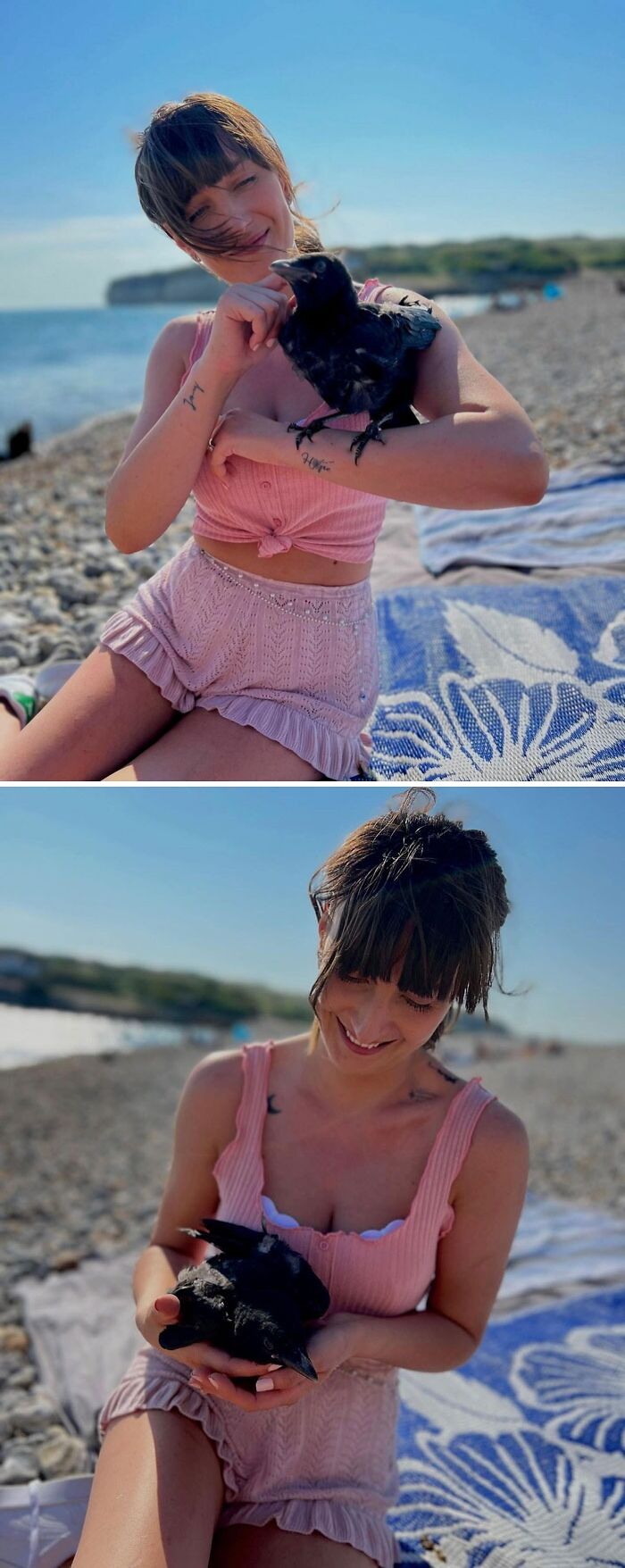 Woman holding and petting a crow