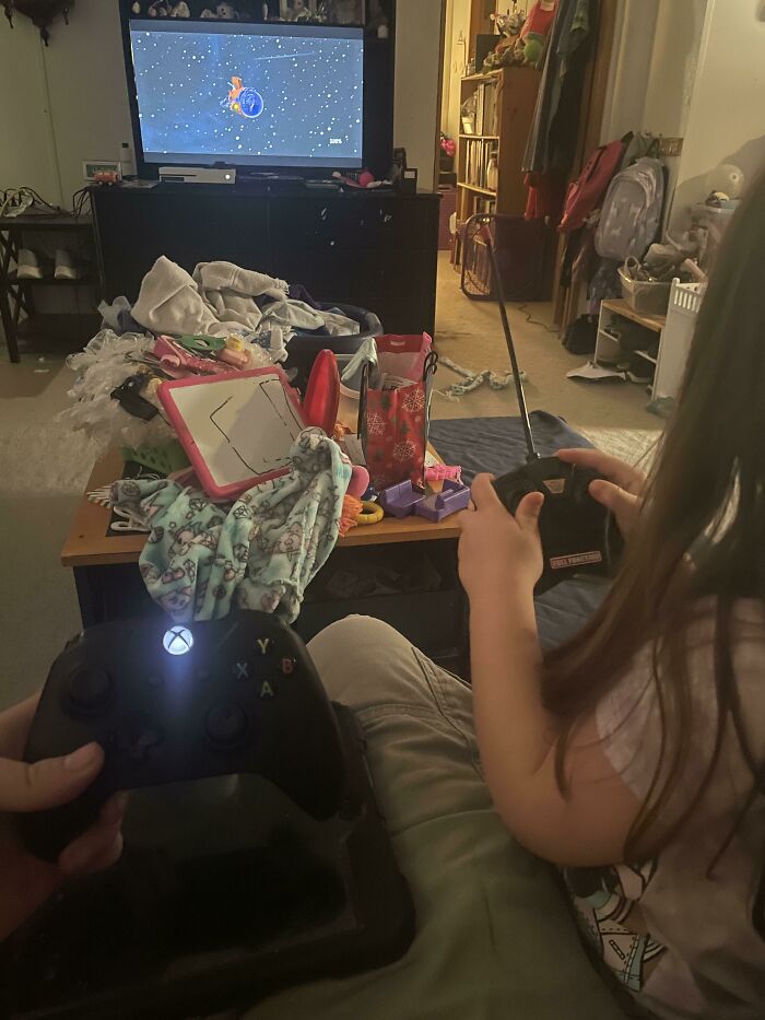 Was Playing LEGO Worlds. Little Sister Found An Old Rc Car Remote. She Then Started To “Play The Game” With Me
