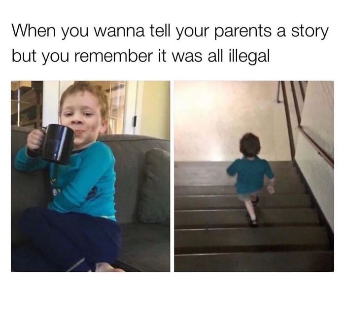 Young child drinking from a mug and running away down stairs, a relatable introvert meme about avoiding telling stories.