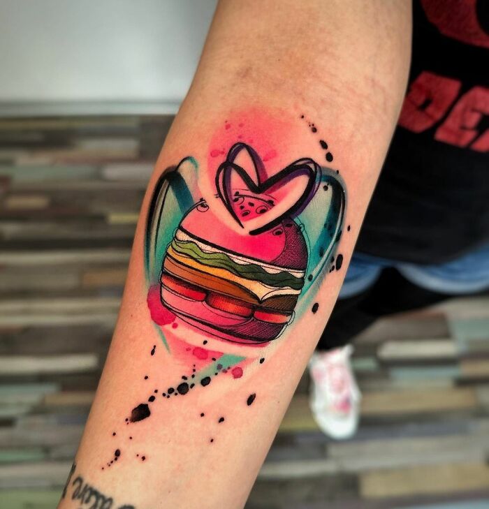 Burger love watercolor tattoo