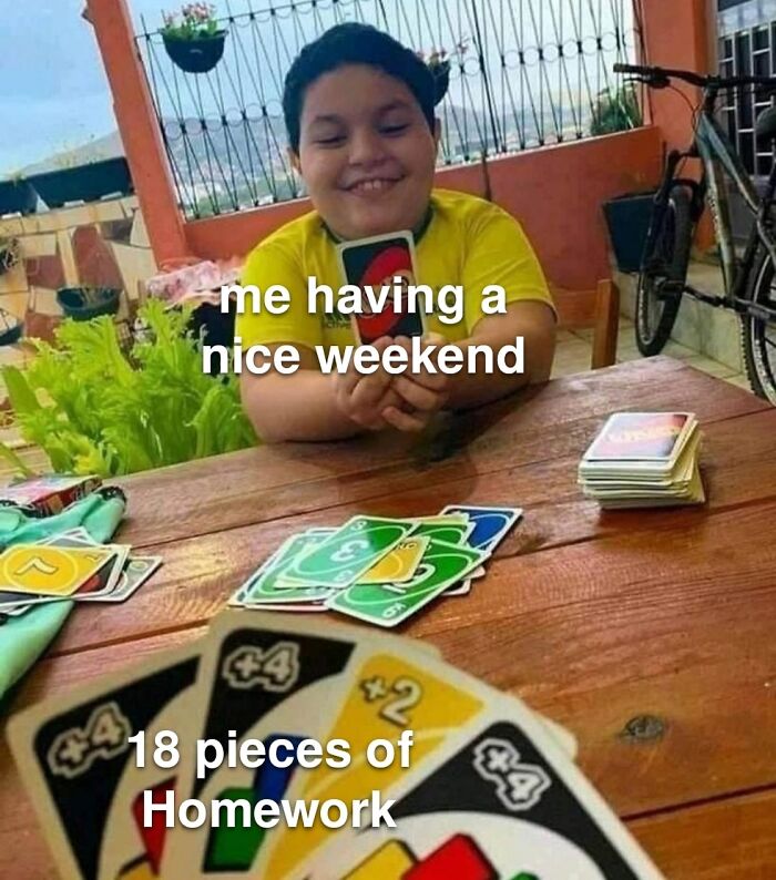 Weekend meme with boy playing UNO cards 