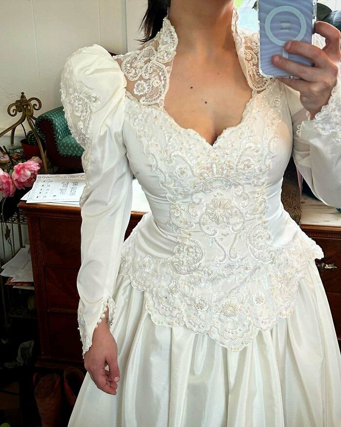 Absolutely Smitten With This Wedding Gown. They Hung It In The Thrift Shop As I Was Leaving And I Snapped It Right Up For $12. (Photo Of The Back Was Altered To Hide My Tattoo, It Isn’t Discoloured.)