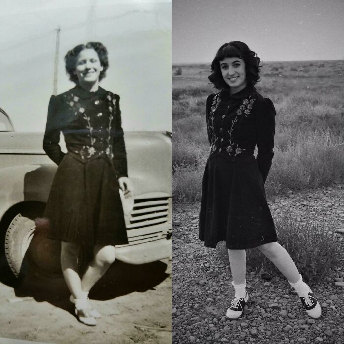 Photo On The Left Of My Great Grandma In Her “Roller Skating Outfit” That She Sewed And Embroidered Herself As A Teenager. Me, On The Right, Wearing Her Same Outfit 70+ Years Later