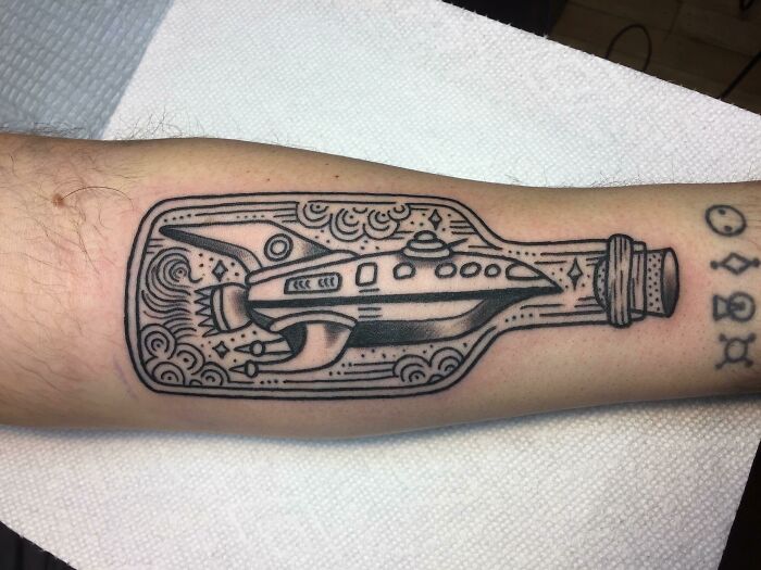 "Planet Express Ship In A Bottle" Done By Allie Marie At Revolution Tattoo In Chicago, IL