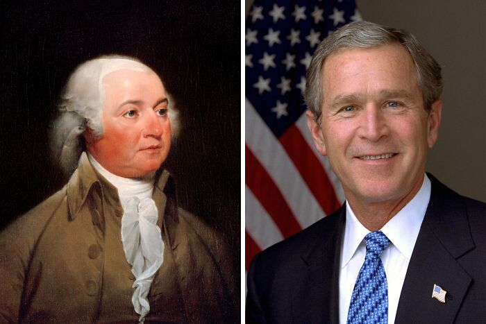 Portrait of John Adams and picture of George W. Bush