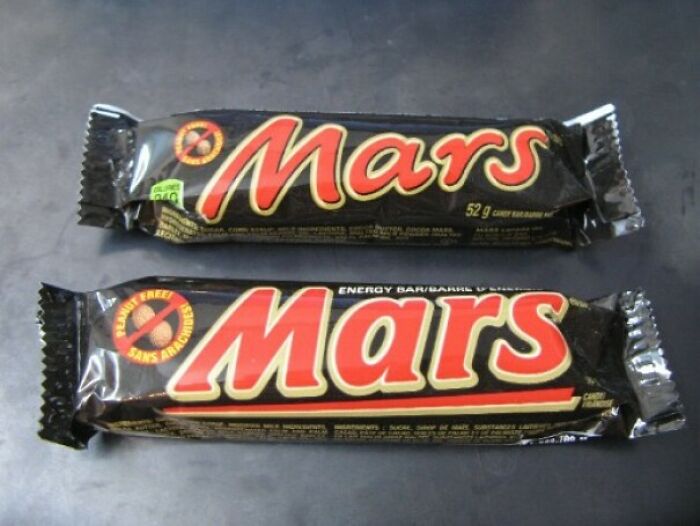 Older Mars Bar At The Bottom, Shrinkflated Mars At The Top