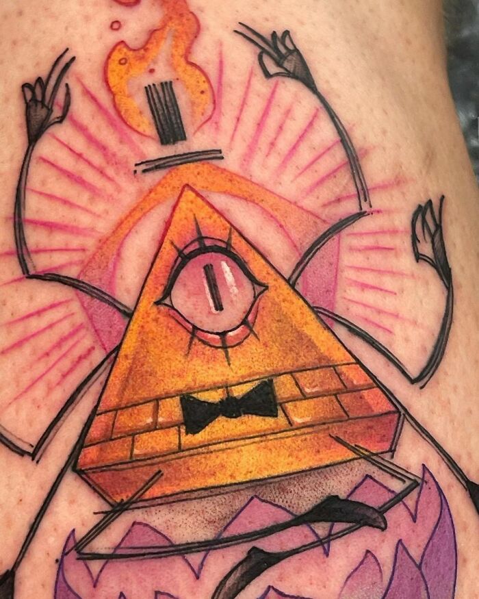 Pop culture tattoo of an eye within a triangle, featuring surreal elements and vibrant colors.