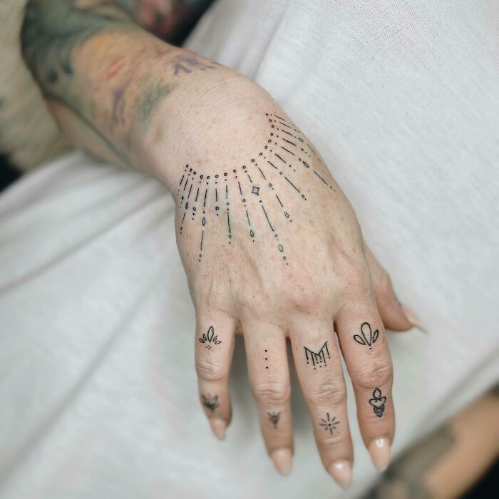 Geometric minimal hand and finger tattoos