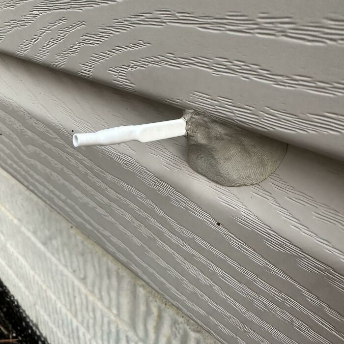 What Is This White Plastic Looking Thing And The Tan Clay Like Material Sticking To The Siding On My House?