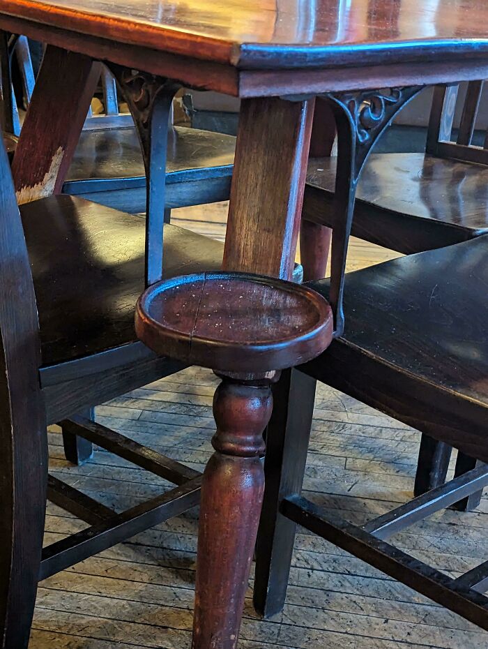 Round Shelf Attached By Metal Brackets To Underside Of Table. What Is It For?
