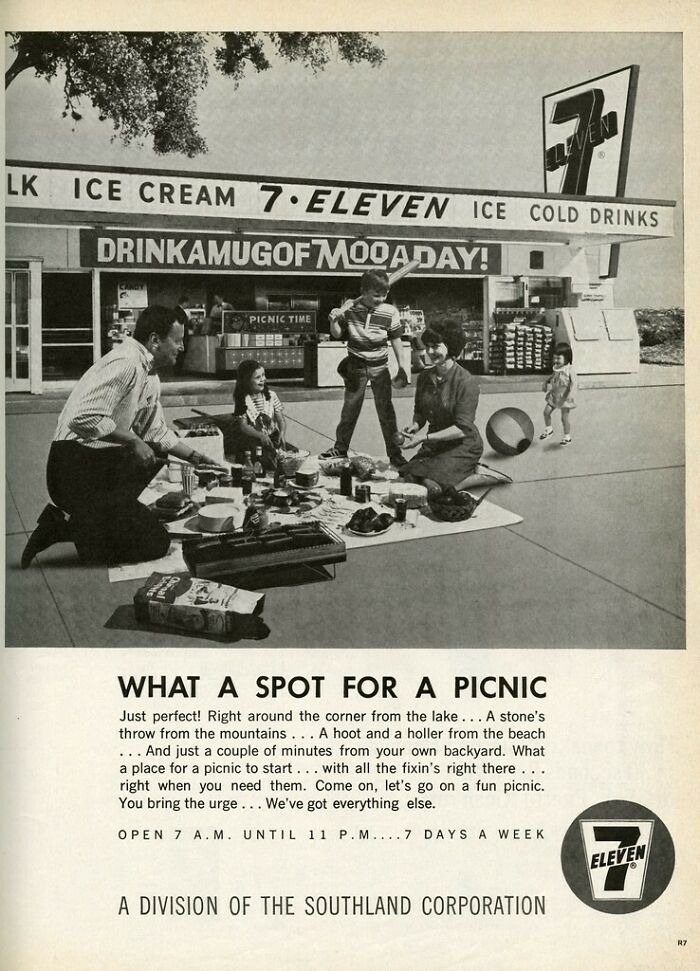 What A Spot For A Picnic! Yes, It's The Parking Lot Of Your Local 7-11, 1965