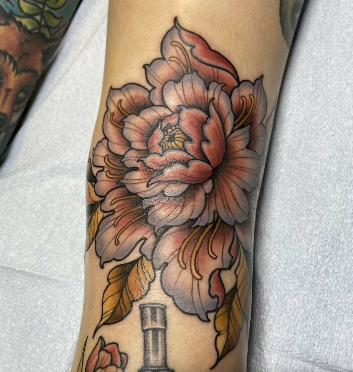 Peony with leaves tattoo