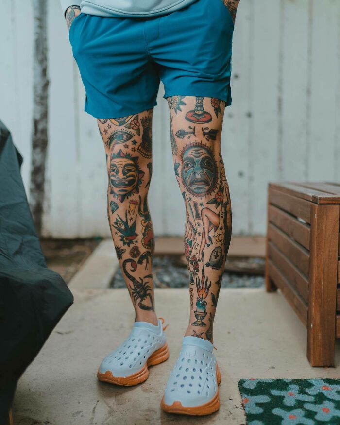 Leg sleeve tattoos with moon and sun on both knees 