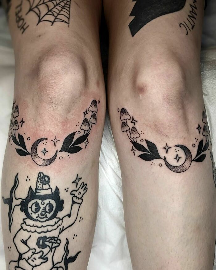 Crescent Moon with leaves and mushrooms on both knees tattoo