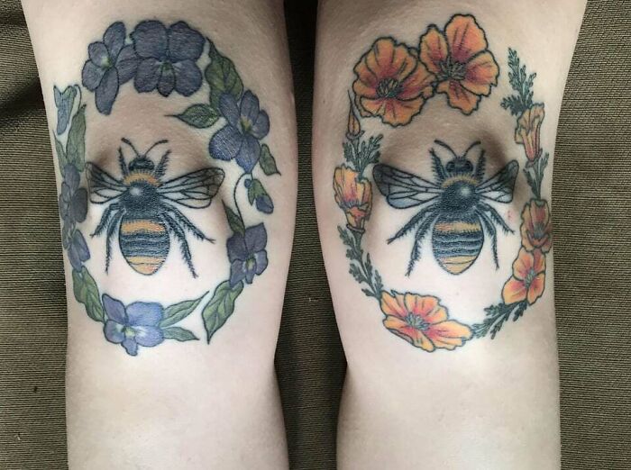 Bees with flowers on each knee tattoo