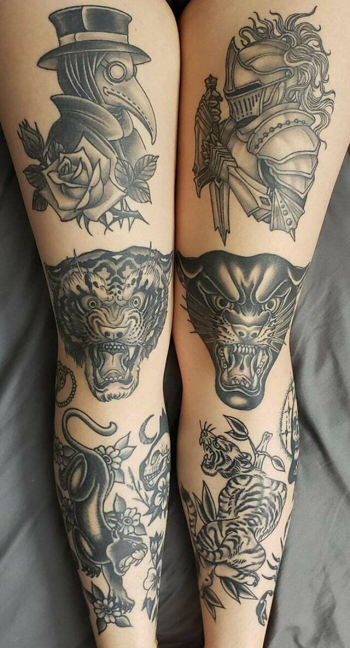 Tiger and Panther on each knee tattoos
