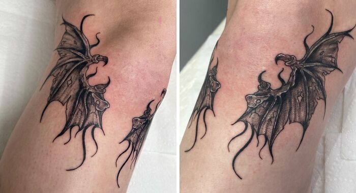 Dragon wings around the knee tattoo