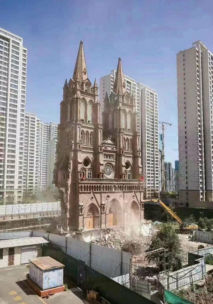 An Old Church Was Demolished To Make Way For A Real Estate Development Of Apartment Buildings In Shanxi, China